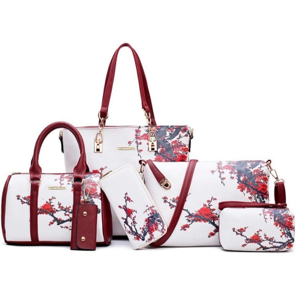 Women's White Red Faux leather Zipper Simple Top Handle 6pcs Tote Hand Bag
